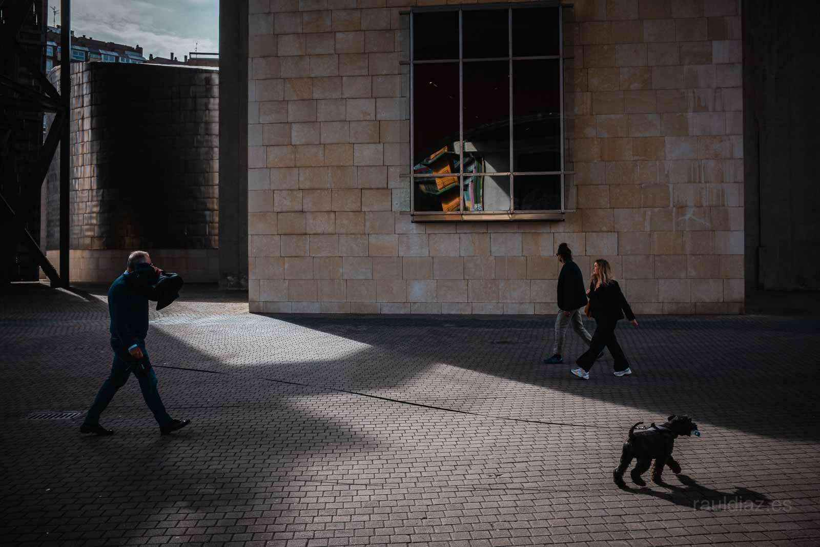 Personas y un perro atraviesan la luz y la sombra junto al Museo Guggenheim Bilbao