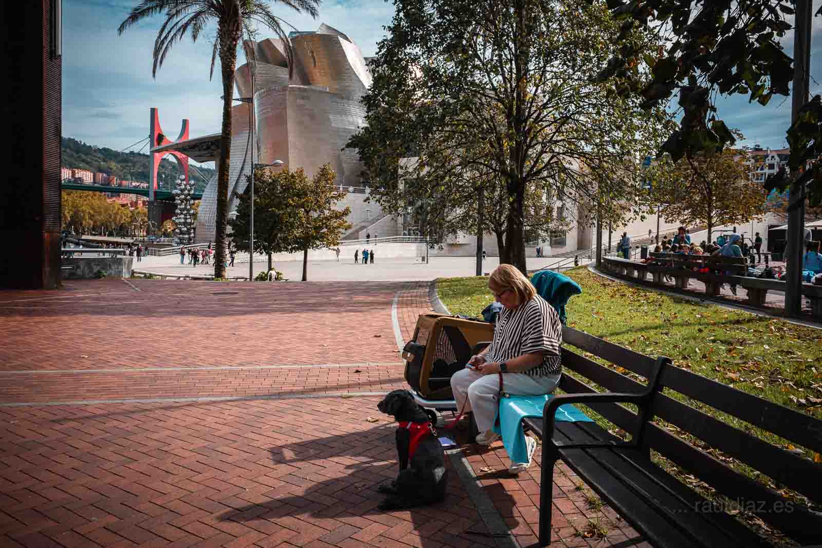 Mujer sentada con su perro en el parque frente al Museo Guggenheim Bilbao